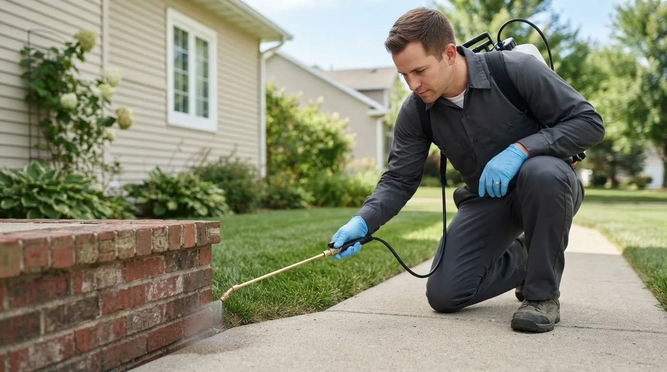 Pest control technician treating a home near New Lexington, OH