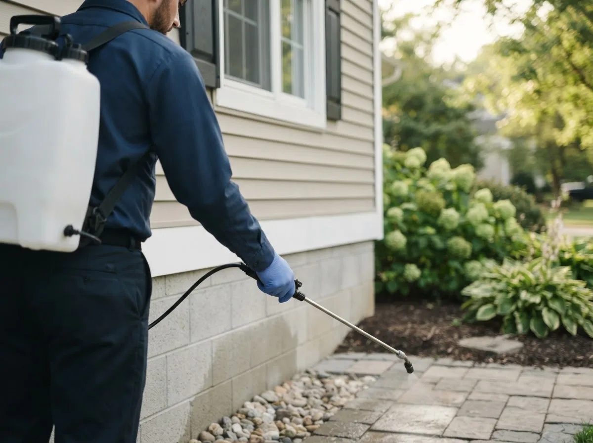 Pest control technician inspecting a home in New Lexington, OH